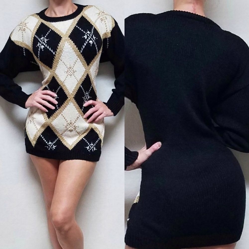 Vintage 90s Jaclyn Smith Black Gold Beaded Knit Long Sleeve Sweater Dress Large